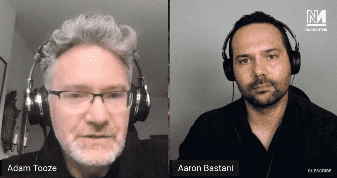 Adam Tooze and Aaron Bastani speaking over video